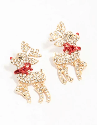 Gold Diamante Red Nosed Reindeer Earrings