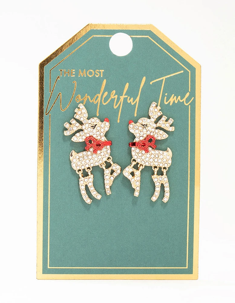 Gold Diamante Red Nosed Reindeer Earrings