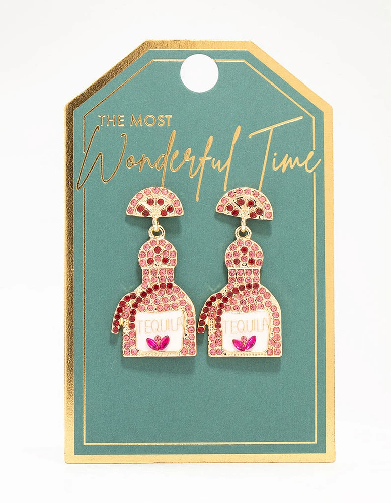 Pink Diamante Tequila Bottle Drop Earrings