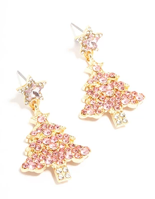 Gold Pink Diamante Tree Earrings