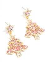 Gold Pink Diamante Tree Earrings