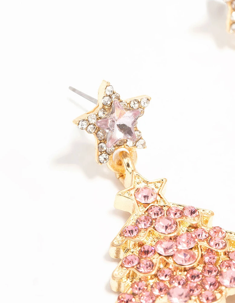 Gold Pink Diamante Tree Earrings