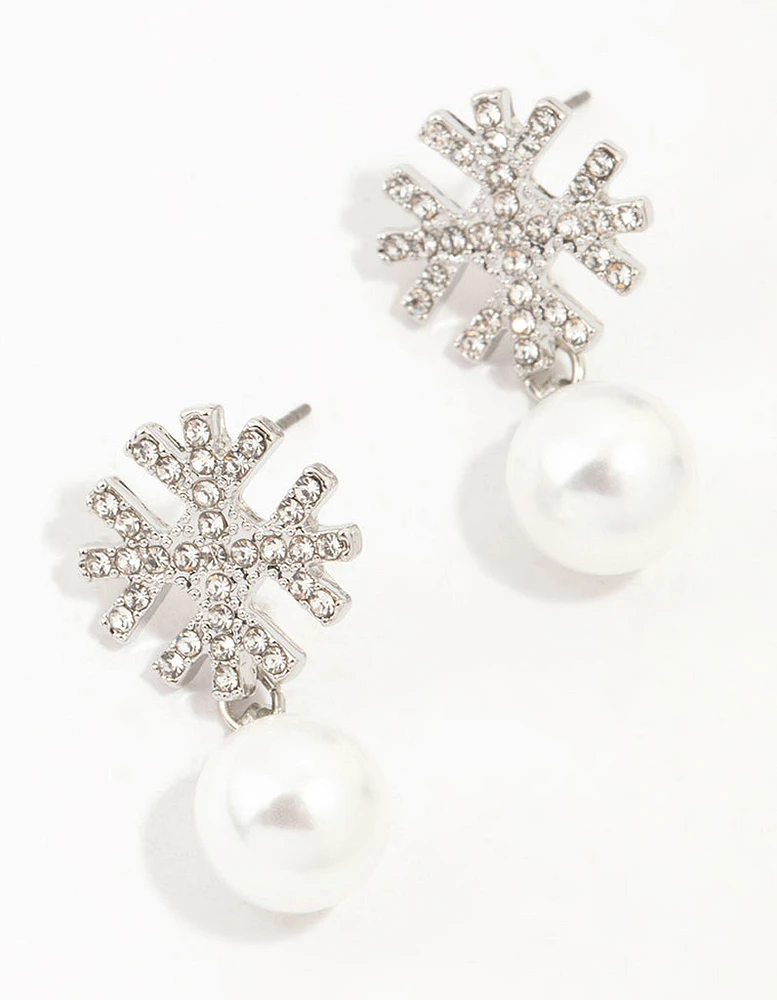 Silver Diamante Pearl & Snowflake Drop Earrings