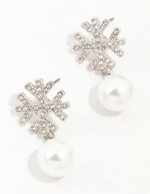 Rhodium Diamante Snowflake & Pearl Drop Earrings