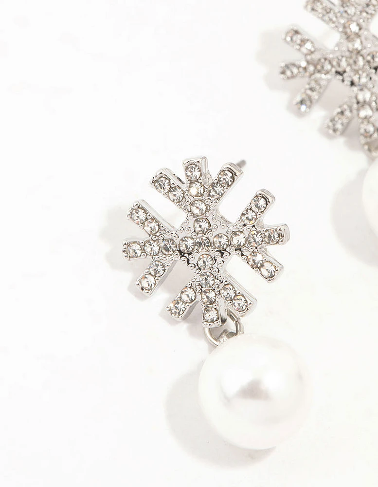 Silver Diamante Pearl & Snowflake Drop Earrings