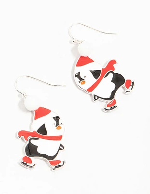 Skating Penguins Silver Drop Earrings