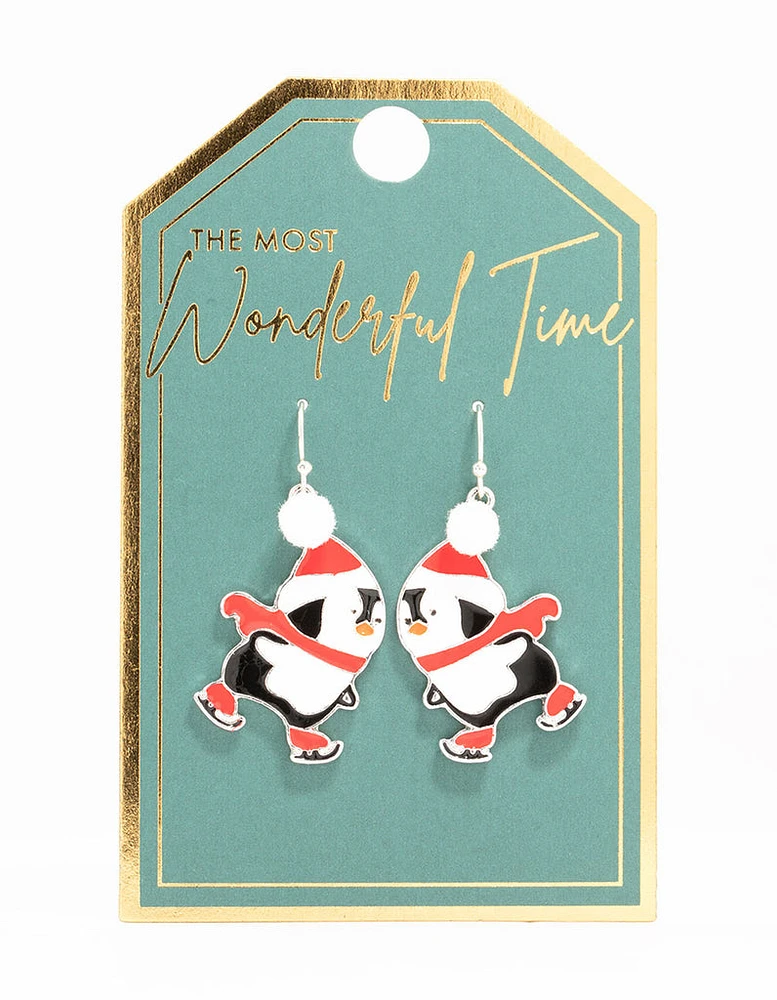 Skating Penguins Silver Drop Earrings