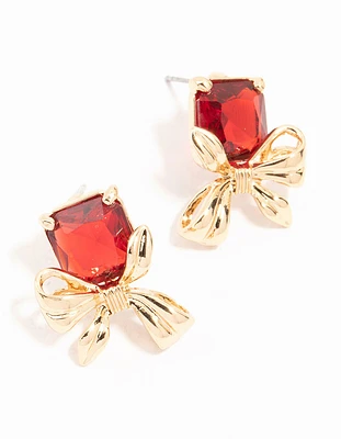 Red Stone & Gold Bow Stud Earrings