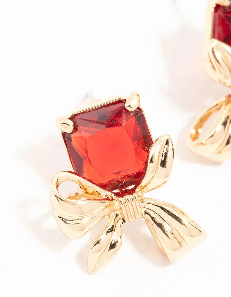 Red Stone & Gold Bow Stud Earrings