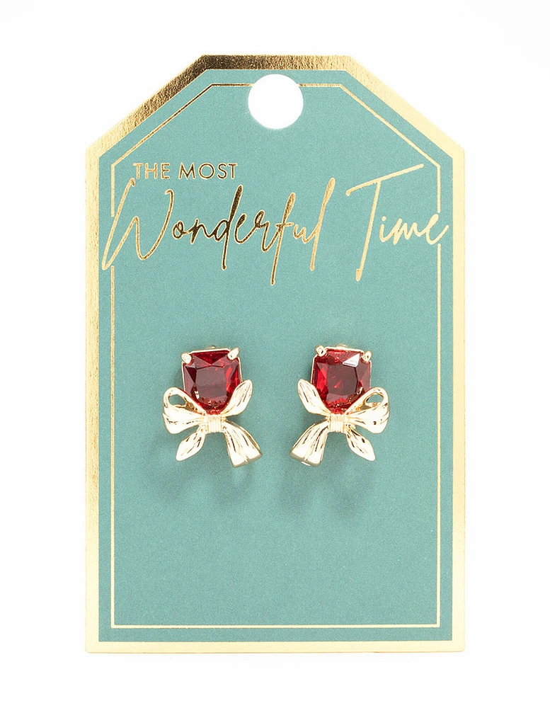 Red Stone & Gold Bow Stud Earrings