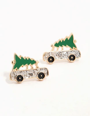 Gold Mini Car & Tree Stud Earrings