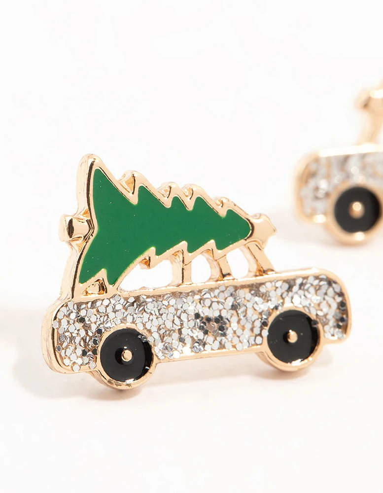 Gold Mini Car & Tree Stud Earrings