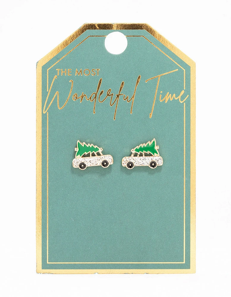 Gold Mini Car & Tree Stud Earrings