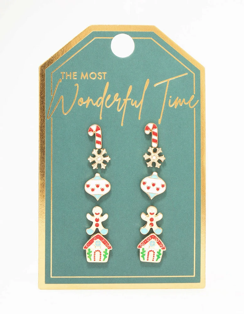 Gingerbread House & Candy Cane Stud Earrings 5-Pack