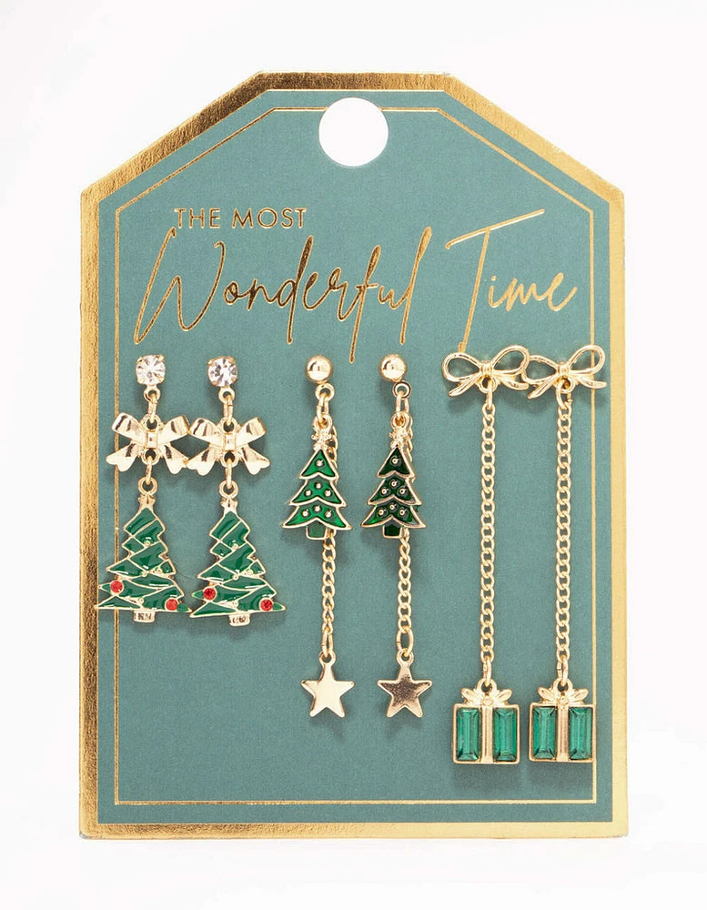 Green Trees & Presents Drop Earrings 3-Pack