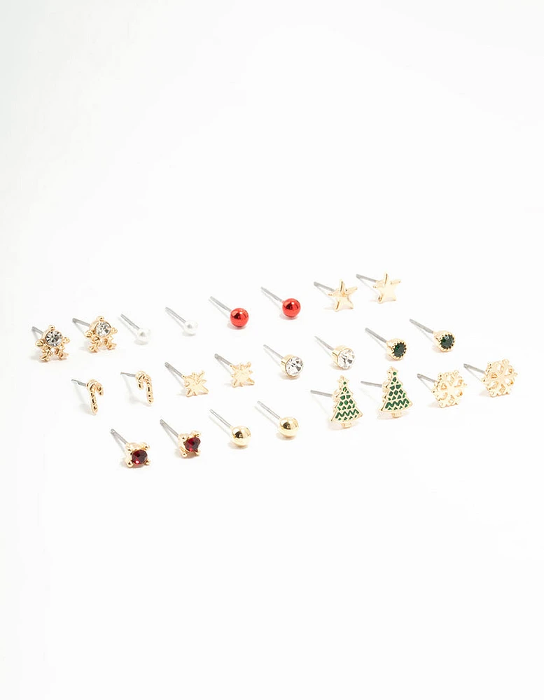 Christmas Tree & Candy Cane Stud Earrings 12-Pack