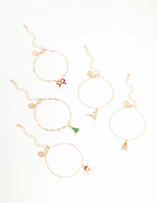 Tree & Santa Gold Charm Bracelets 5-Pack