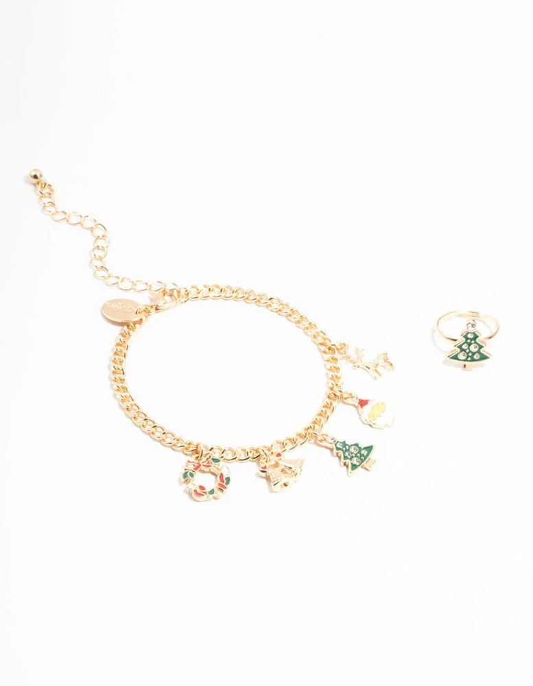 Tree Motif Gold Ring & Charm Bracelet Set