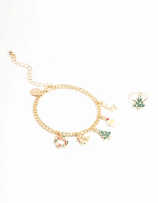 Tree Motif Gold Ring & Charm Bracelet Set