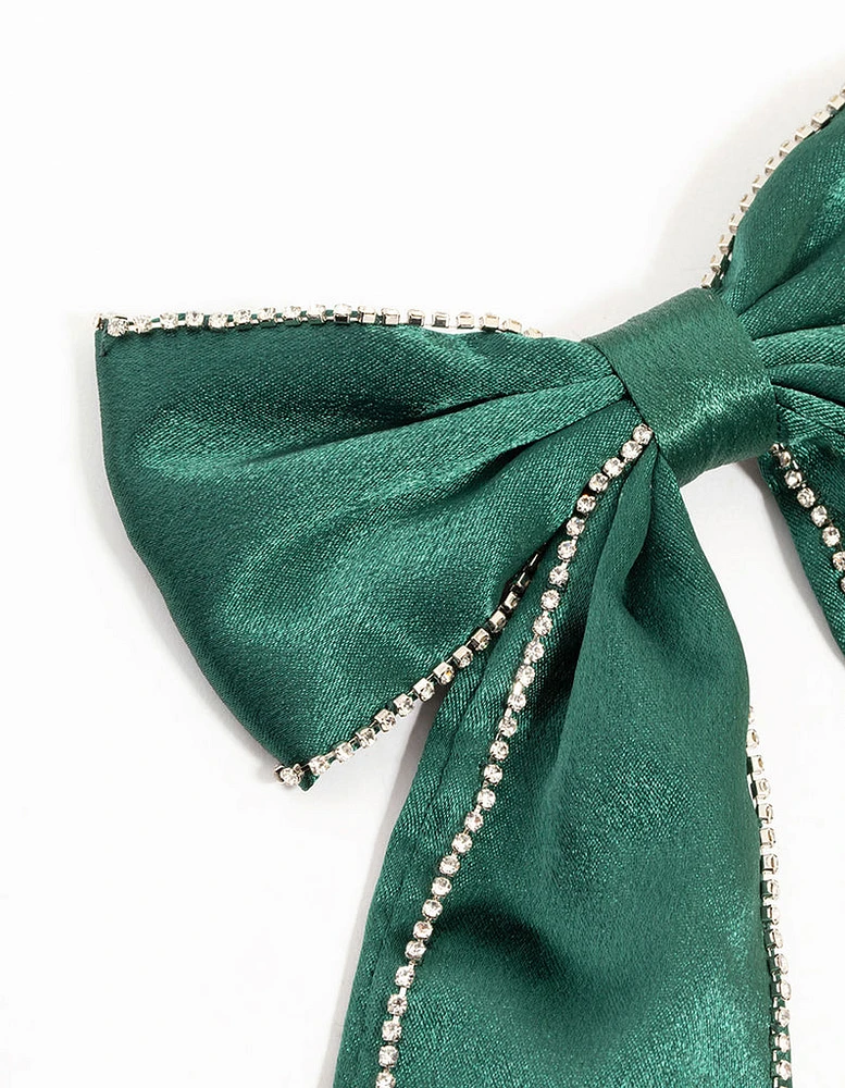 Green Fabric Diamante Cup Chain Bow Clip