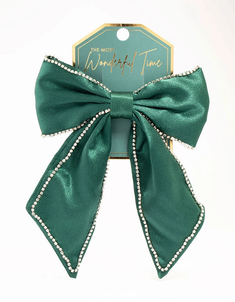 Green Fabric Diamante Cup Chain Bow Clip