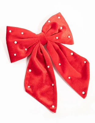 Red Velvet Pearl Bow Clip