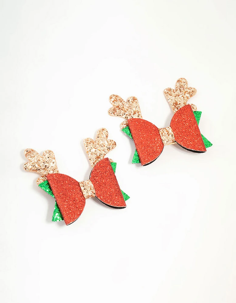 Red Glitter Reindeer Bow Hair Clips 2-Pack