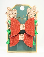 Red Glitter Reindeer Bow Hair Clips 2-Pack