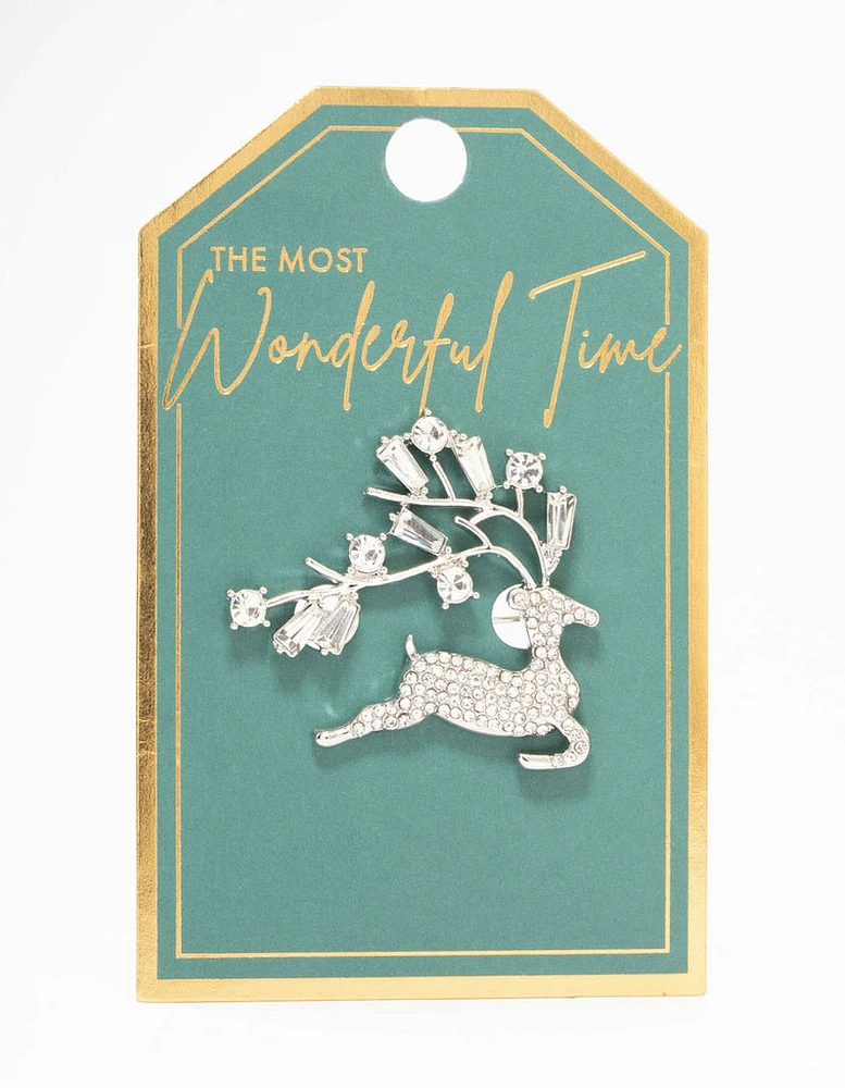 Rhodium Diamante Reindeer Brooch