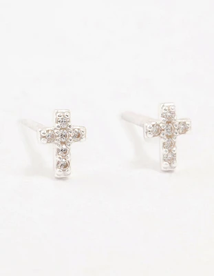 Cubic Zirconia Cross Sterling Silver Stud Earrings