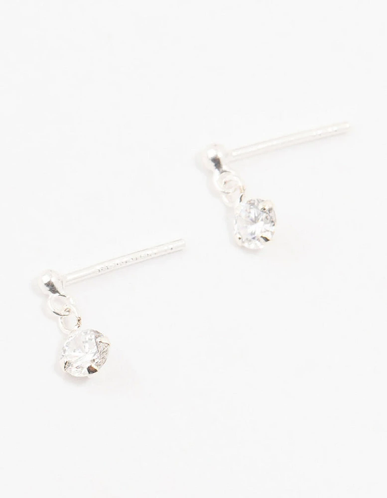 Round Cubic Zirconia Drop Sterling Silver Earrings