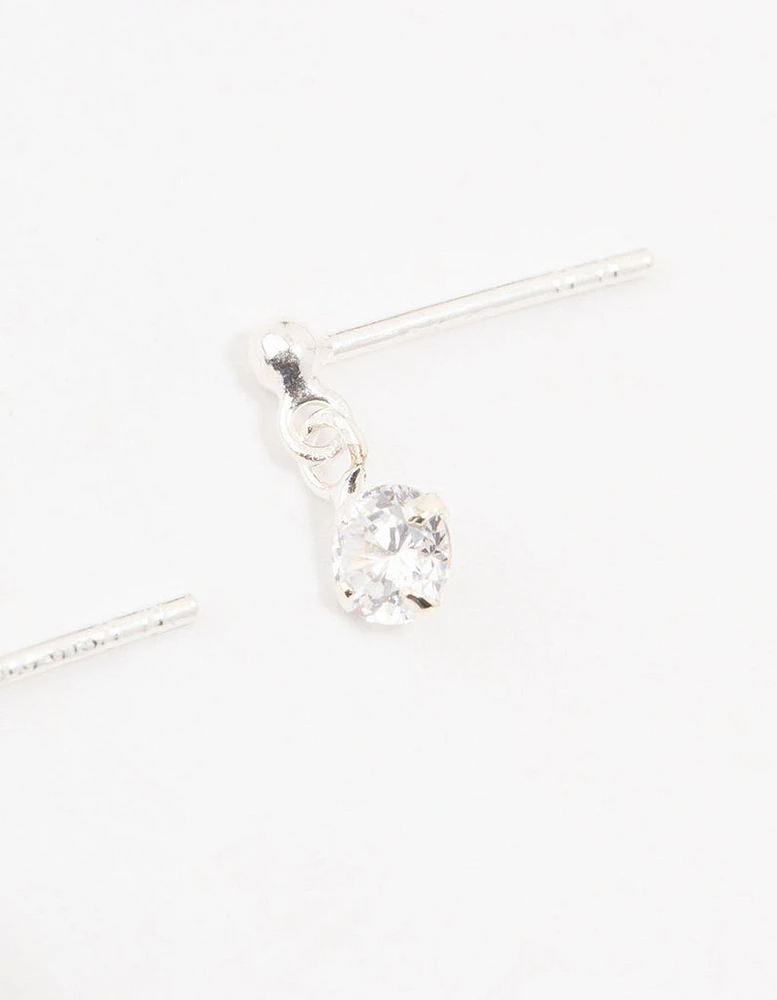 Round Cubic Zirconia Drop Sterling Silver Earrings