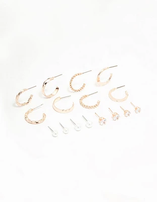 Rose Gold Pearl & Diamante Hoop Earrings 8-Pack