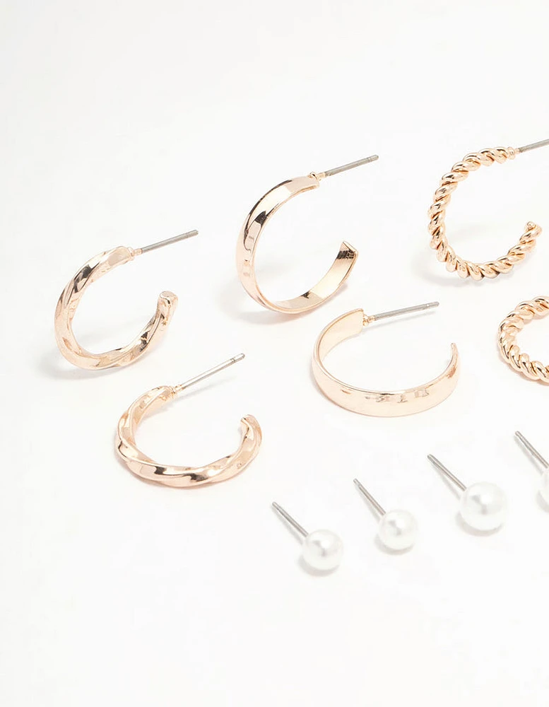 Rose Gold Pearl & Diamante Hoop Earrings 8-Pack