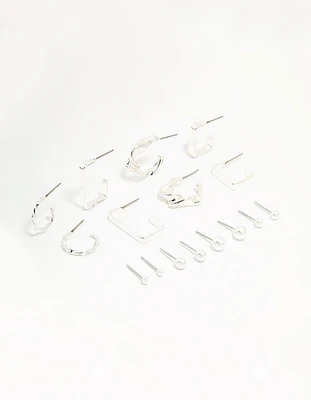 Silver Pearl & Mixed Shape Hoop Earrings 8-Pack