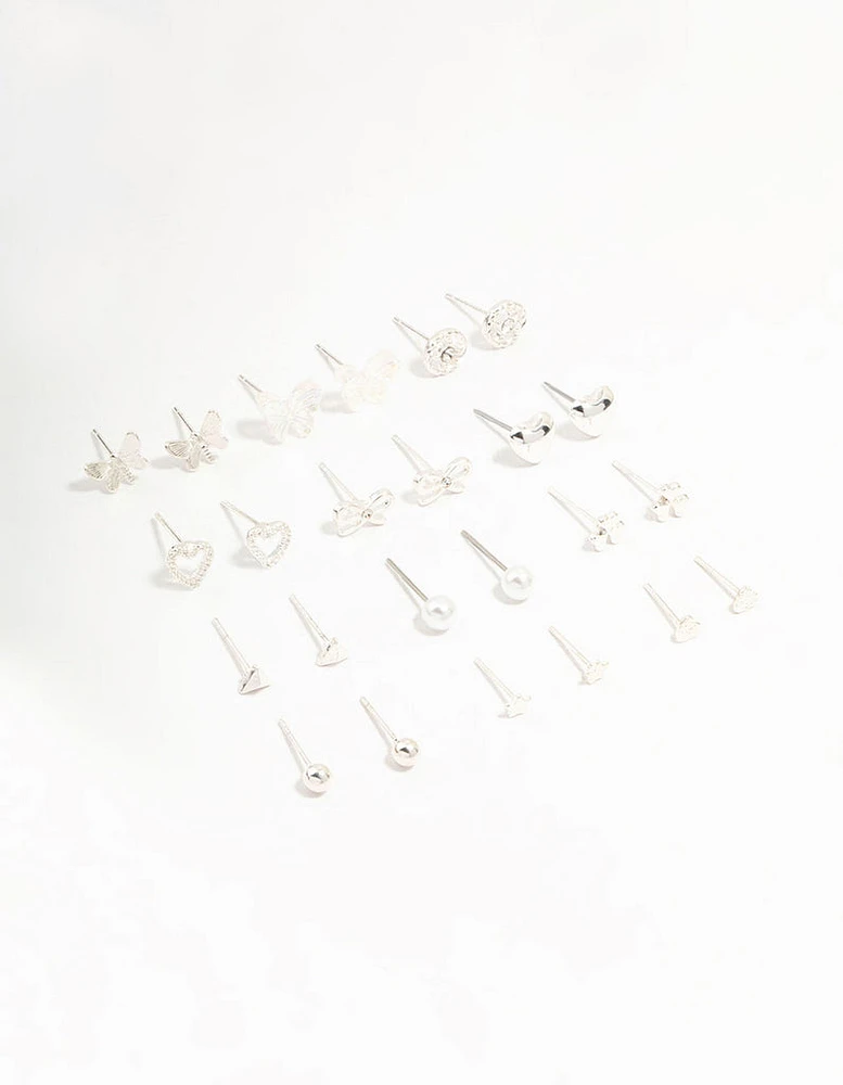 Silver Stud Butterfly & Mixed Style Earrings 12-Pack