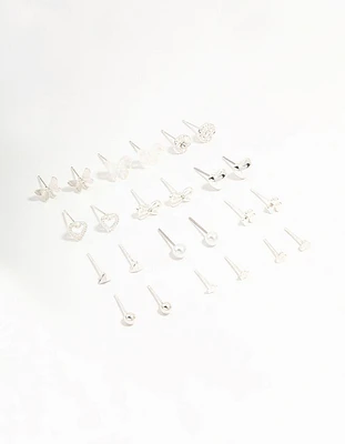 Silver Stud Butterfly & Mixed Style Earrings 12-Pack