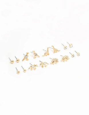 Gold Dinosaur & Diamante Stud Earrings 8-Pack