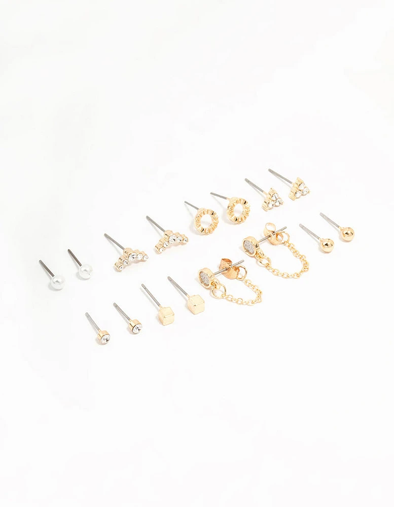 Gold Stud & Chain Diamante Earrings 8-Pack