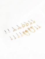 Gold Stud & Chain Diamante Earrings 8-Pack