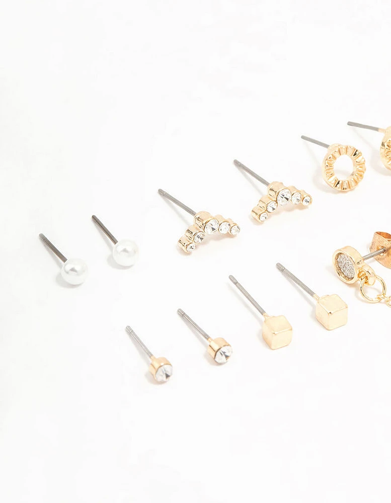 Gold Stud & Chain Diamante Earrings 8-Pack