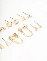 Gold Stud & Chain Diamante Earrings 8-Pack