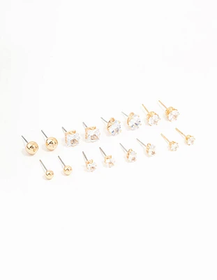 Gold Mixed Shaped Diamante Stud Earrings 8-Pack