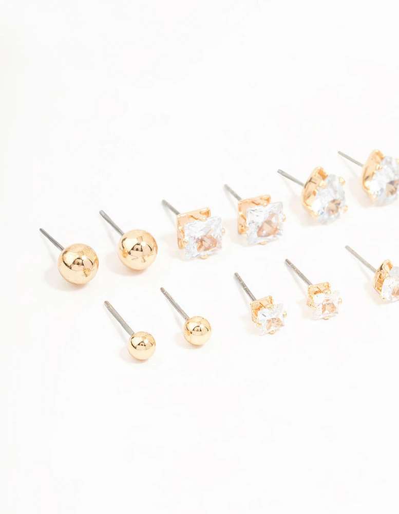 Gold Mixed Shaped Diamante Stud Earrings 8-Pack