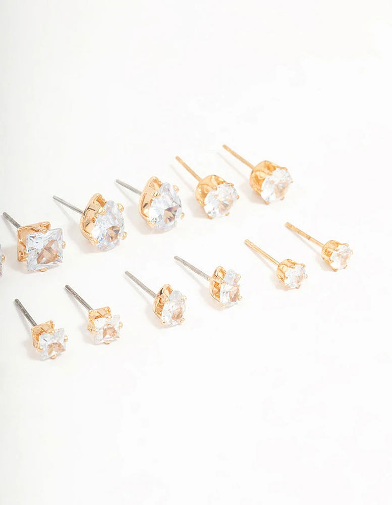 Gold Mixed Shaped Diamante Stud Earrings 8-Pack