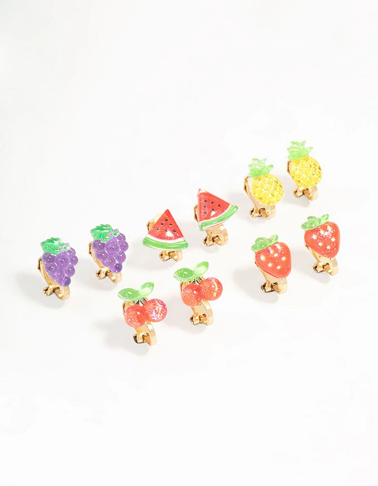 Gold Fruit Salad Clip On Earrings 5-Pack