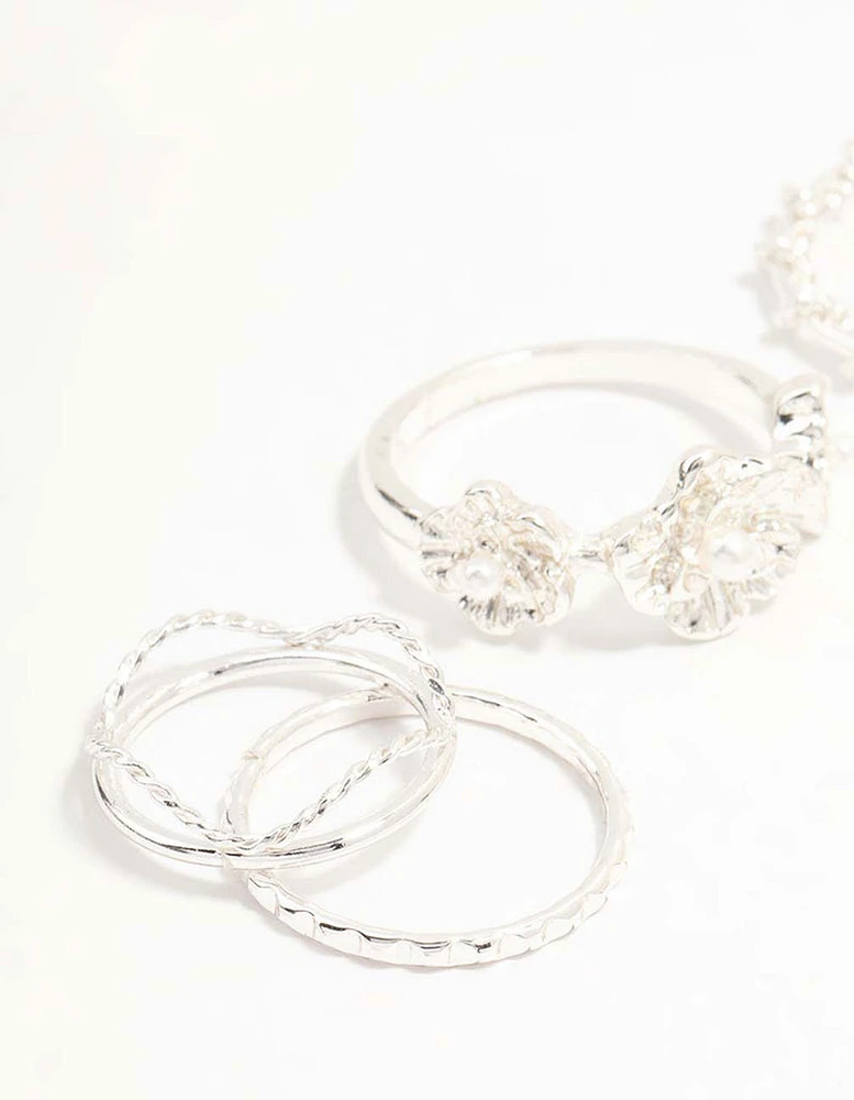 Silver Twisted, Sleek & Diamante Flower Style Rings 6-Pack