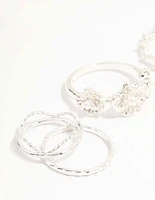 Silver Twisted, Sleek & Diamante Flower Style Rings 6-Pack