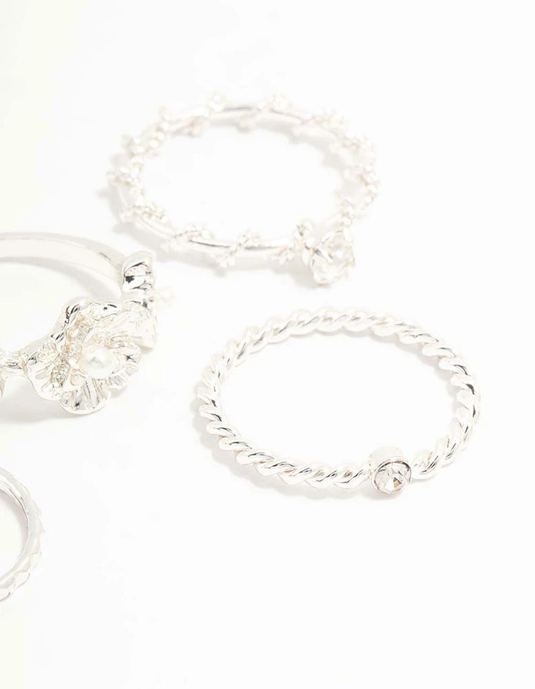 Silver Twisted, Sleek & Diamante Flower Style Rings 6-Pack