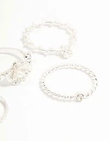 Silver Twisted, Sleek & Diamante Flower Style Rings 6-Pack